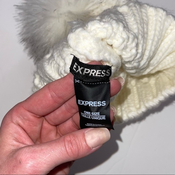 EXPRESS Ivory Cable Knit Beanie Hat with Pom Pom - Picture 5 of 6